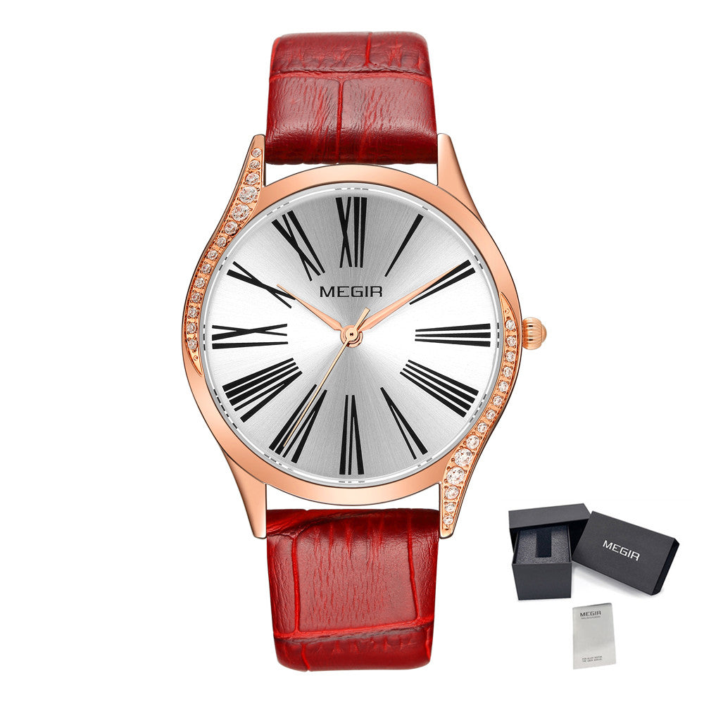 MEGIR Brand Fashion Leather Woman Bracelet Watches Ladies Quartz Wristwatch Rhinestone Waterproof Casual Wrist Watch Clock