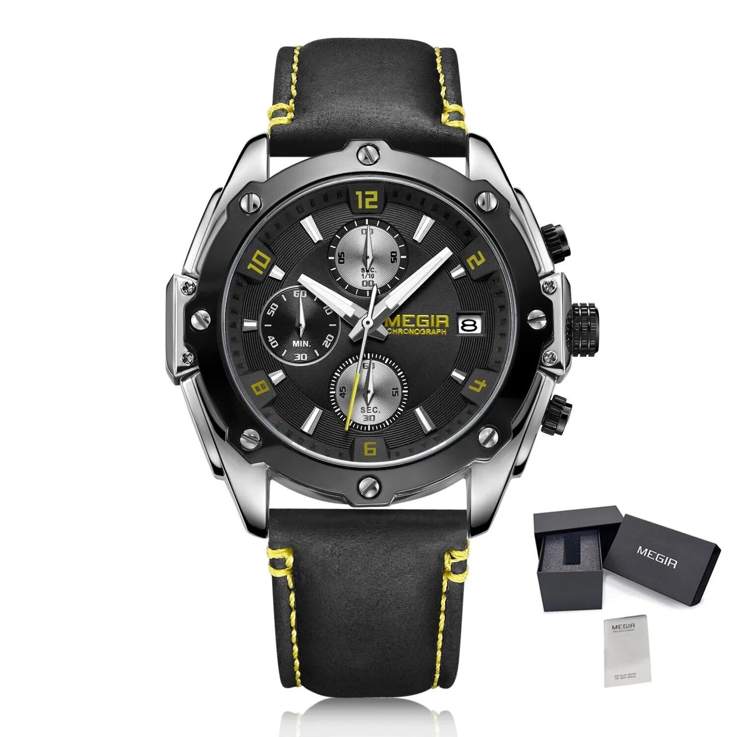 MEGIR Chronograph Men Watch Relogio Masculino Leather Strap Business Quartz Watch Clock Waterproof Date Army Military Wristwatch