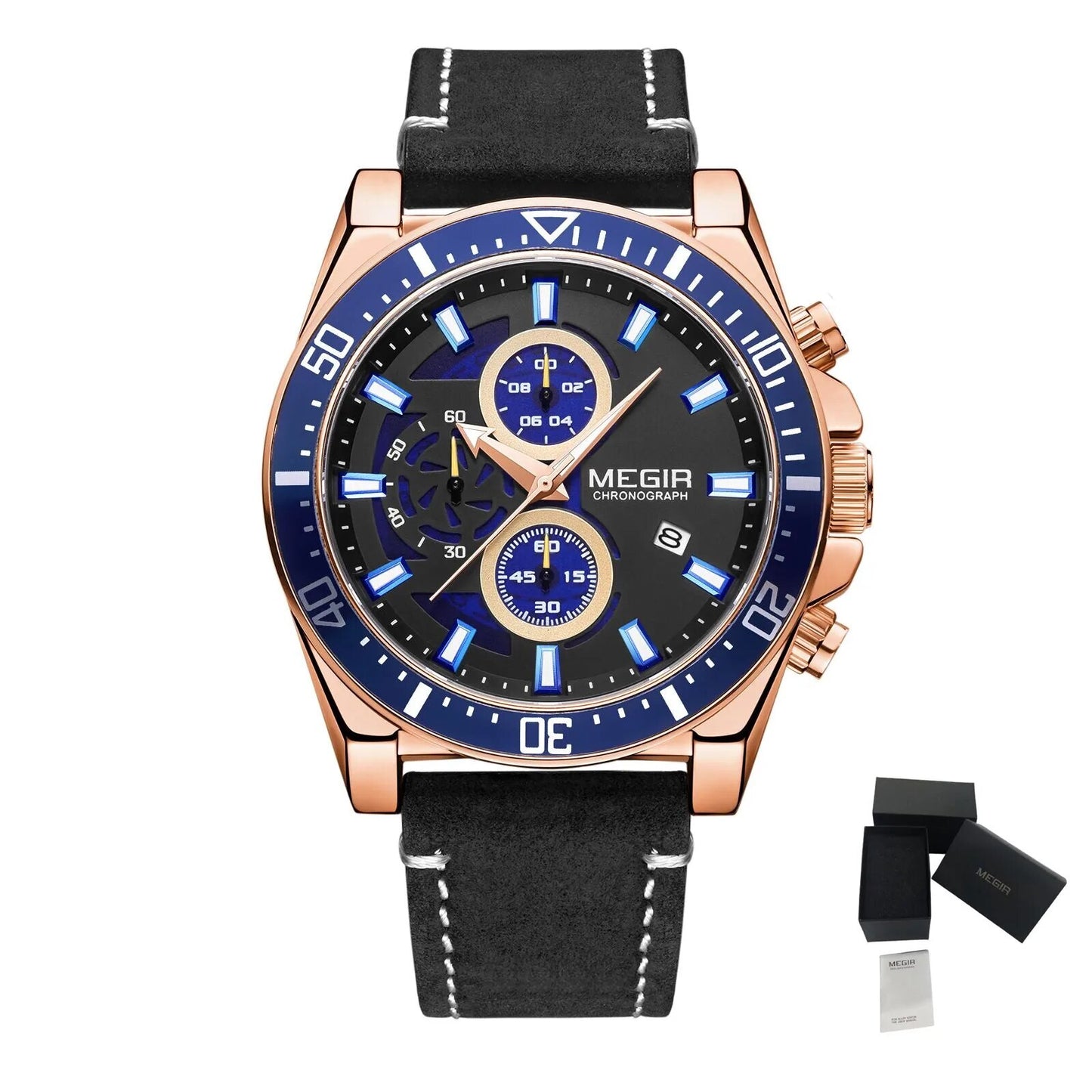 MEGIR Fashion Watches for Men Leather Strap Sport Military Wristwatch Man Quartz Watch Waterproof Chronograph with Calendar 2132