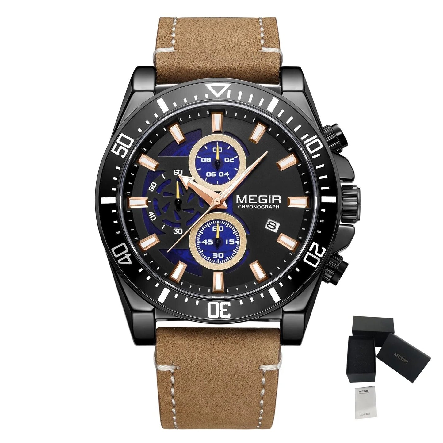 MEGIR Fashion Watches for Men Leather Strap Sport Military Wristwatch Man Quartz Watch Waterproof Chronograph with Calendar 2132