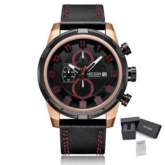 MEGIR Chronograph Sport Watch Men Clock Leather Quartz Men Wrist Watches Time Hour Army Military Wristwatches Relogio Masculino
