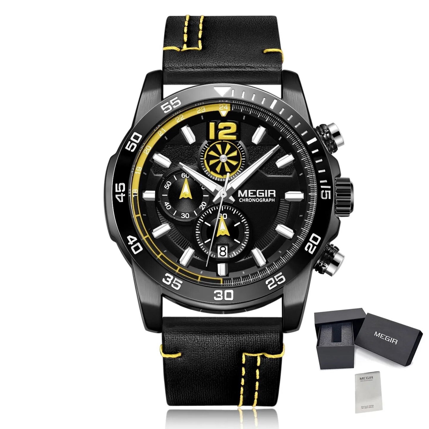 MEGIR Black Luxury Men's Wrist Watch Man Leather Strap Waterproof Chronograph Sports Men Watches Clock Hour Quartz Wristwatches