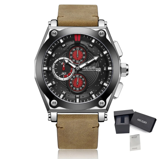 MEGIR Blue Quartz Men Watches Top Brand Leather Strap Chronograph Sport Wrist Watch Men Clock Relogio Masculino Reloj Hombre