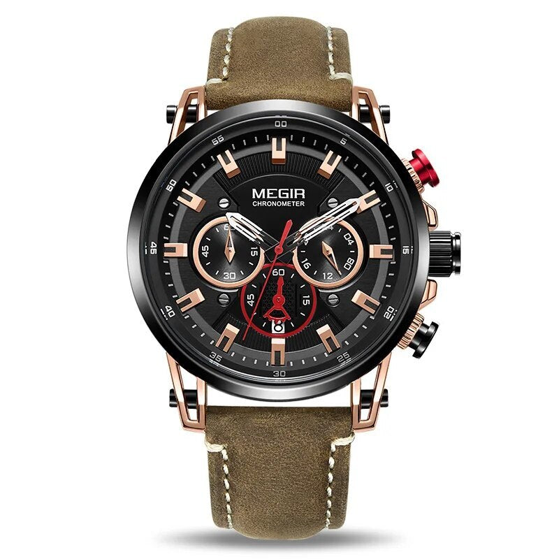 MEGIR Men Sports Watches Top Brand Luxury Leather Quartz Watch Men Clock Waterproof Army Military Wristwatches Relogio Masculino