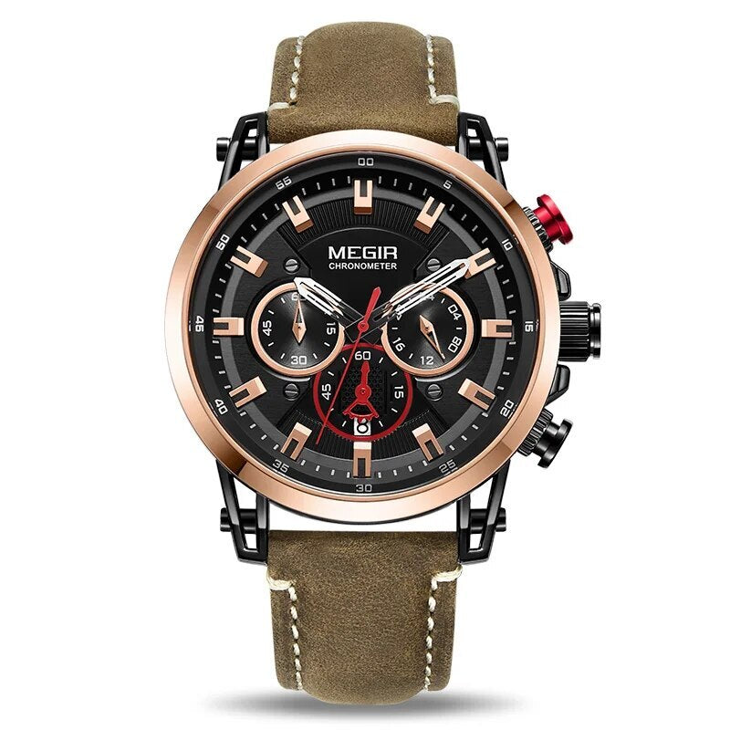 MEGIR Men Sports Watches Top Brand Luxury Leather Quartz Watch Men Clock Waterproof Army Military Wristwatches Relogio Masculino