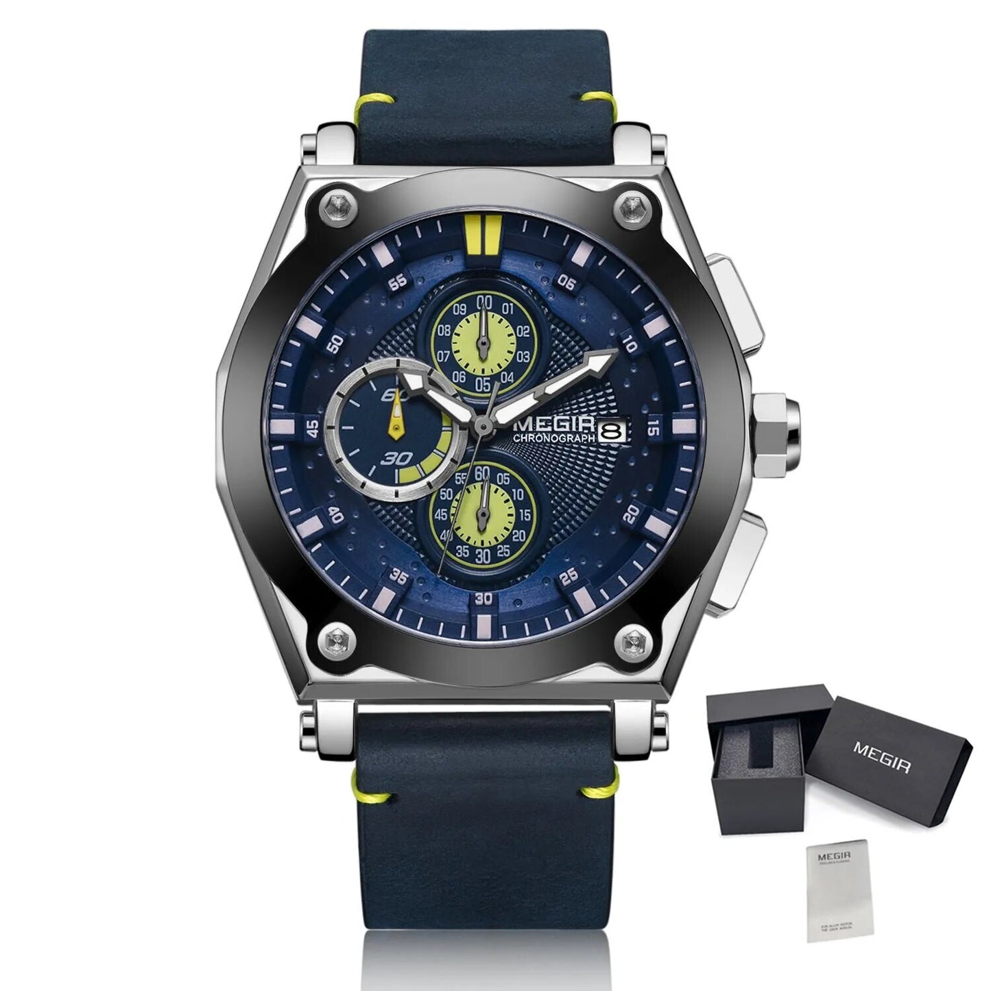 MEGIR Blue Quartz Men Watches Top Brand Leather Strap Chronograph Sport Wrist Watch Men Clock Relogio Masculino Reloj Hombre