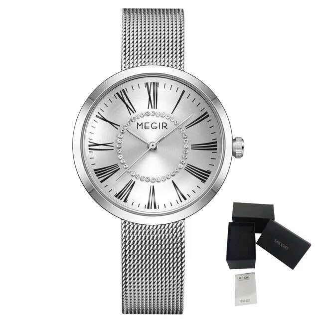 MEGIR Luxury Women Watches Fashion Quartz Watch Ladies Clock Stainless Steel Waterproof Female Watch Relogio Feminino 7014