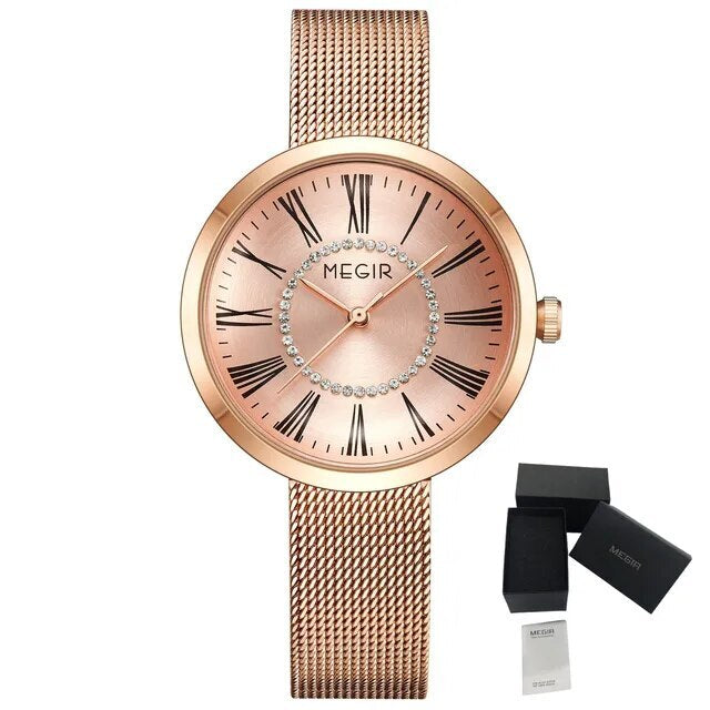 MEGIR Luxury Women Watches Fashion Quartz Watch Ladies Clock Stainless Steel Waterproof Female Watch Relogio Feminino 7014