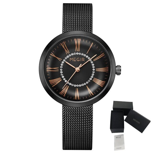 MEGIR Luxury Women Watches Fashion Quartz Watch Ladies Clock Stainless Steel Waterproof Female Watch Relogio Feminino 7014