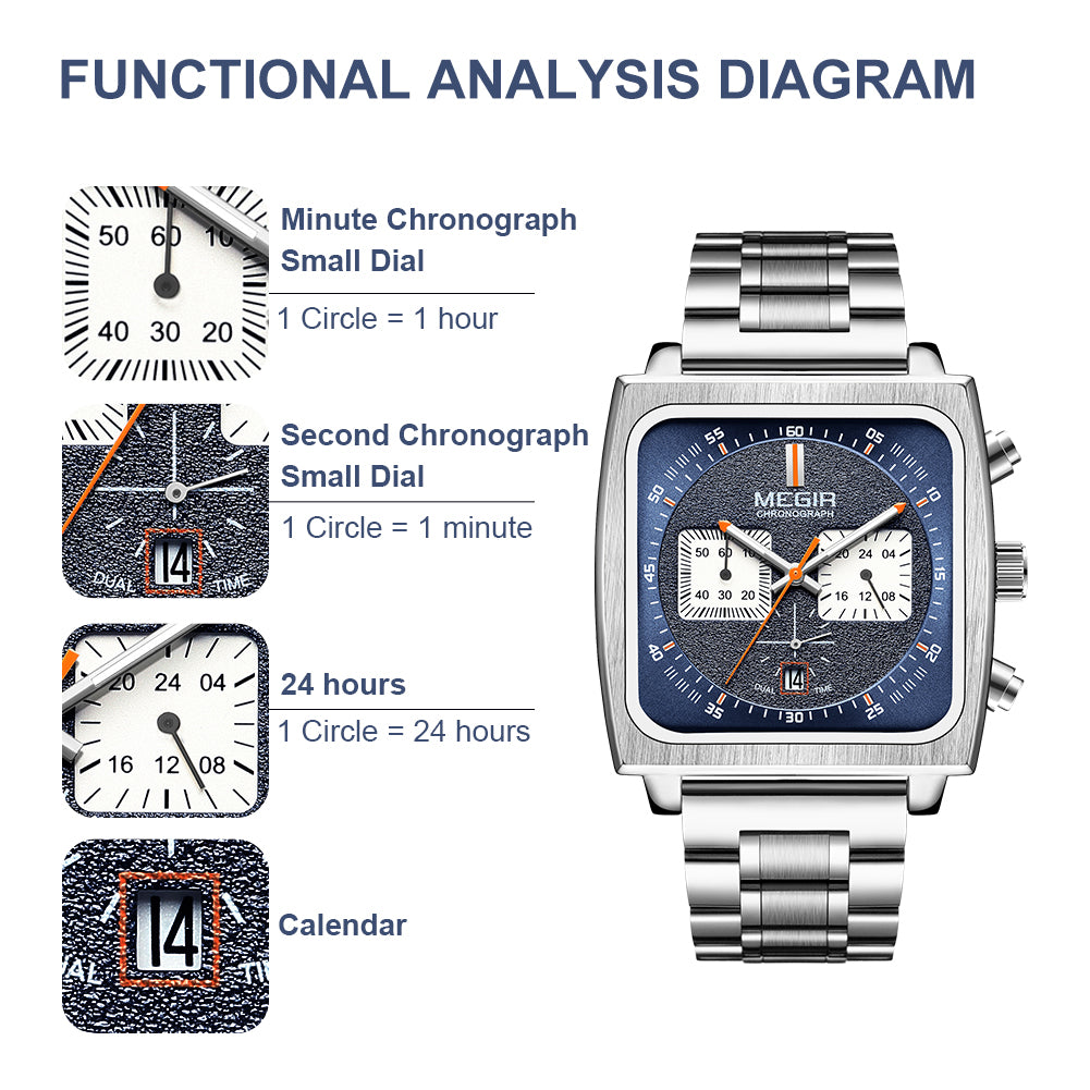 MEGIR Reloj Hombre Original Luxury Business Watch for Men Steel Band Quartz Wristwatch Chronograph Clock