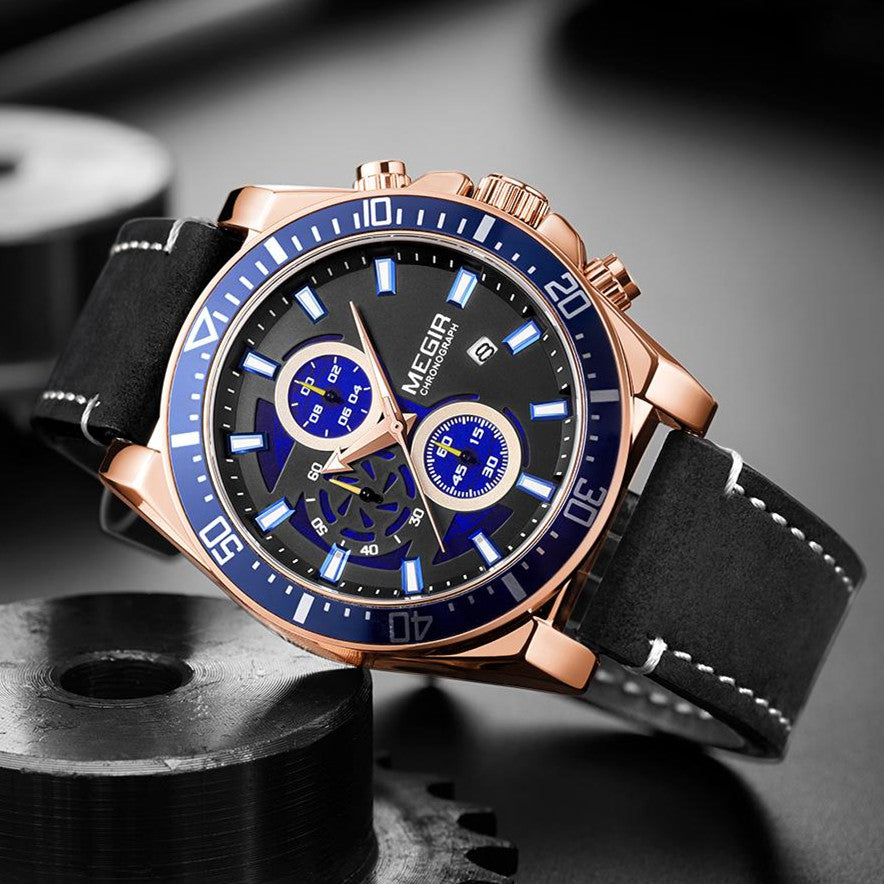 MEGIR Fashion Watches for Men Leather Strap Sport Military Wristwatch Man Quartz Watch Waterproof Chronograph with Calendar 2132