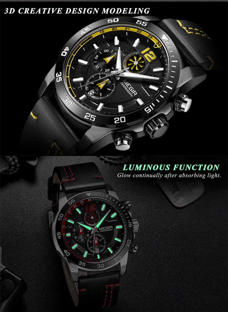 MEGIR Black Luxury Men's Wrist Watch Man Leather Strap Waterproof Chronograph Sports Men Watches Clock Hour Quartz Wristwatches