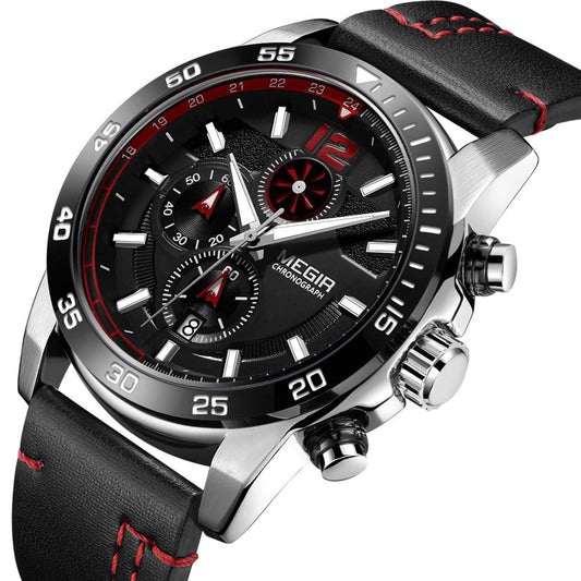 MEGIR Black Luxury Men's Wrist Watch Man Leather Strap Waterproof Chronograph Sports Men Watches Clock Hour Quartz Wristwatches