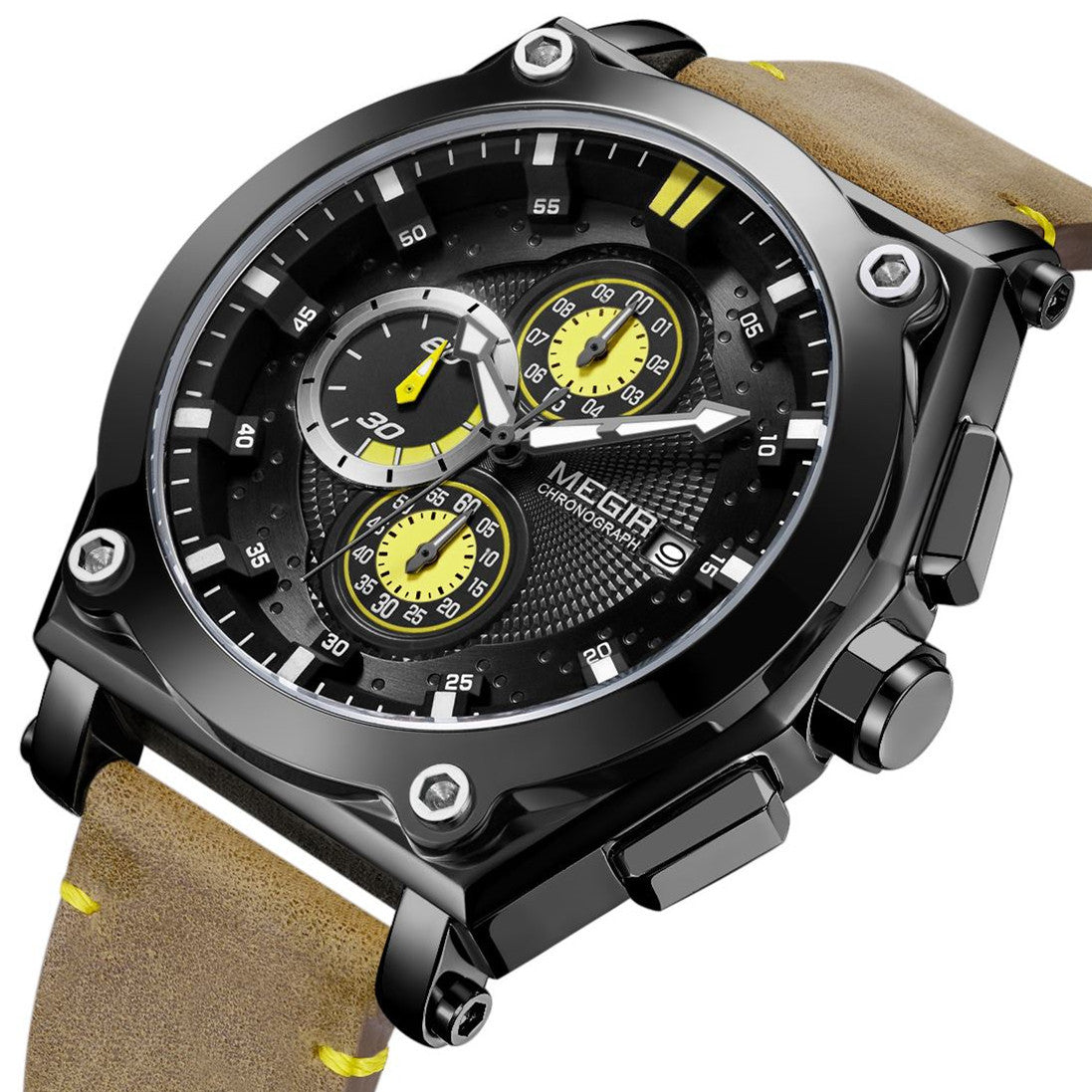 MEGIR Blue Quartz Men Watches Top Brand Leather Strap Chronograph Sport Wrist Watch Men Clock Relogio Masculino Reloj Hombre