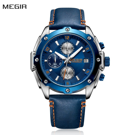 MEGIR Chronograph Men Watch Relogio Masculino Leather Strap Business Quartz Watch Clock Waterproof Date Army Military Wristwatch