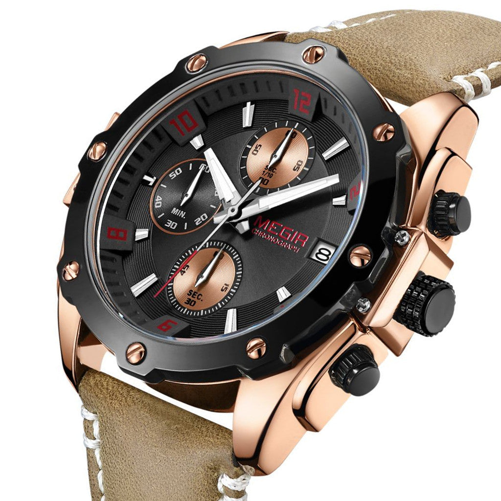 MEGIR Chronograph Men Watch Relogio Masculino Leather Strap Business Quartz Watch Clock Waterproof Date Army Military Wristwatch