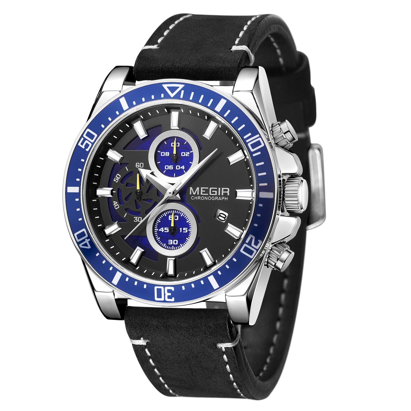 MEGIR Fashion Watches for Men Leather Strap Sport Military Wristwatch Man Quartz Watch Waterproof Chronograph with Calendar 2132