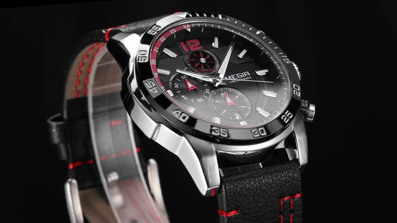 MEGIR Black Luxury Men's Wrist Watch Man Leather Strap Waterproof Chronograph Sports Men Watches Clock Hour Quartz Wristwatches