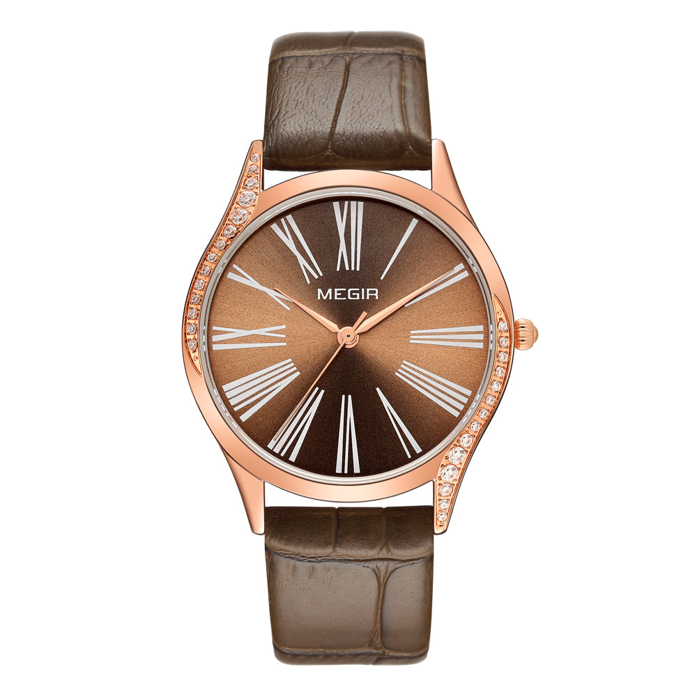 MEGIR Brand Fashion Leather Woman Bracelet Watches Ladies Quartz Wristwatch Rhinestone Waterproof Casual Wrist Watch Clock