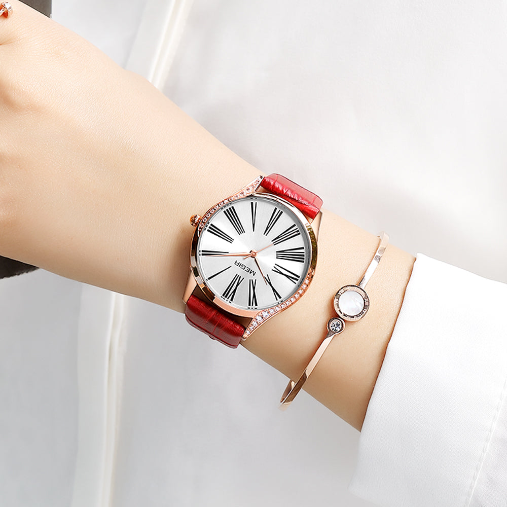 MEGIR Brand Fashion Leather Woman Bracelet Watches Ladies Quartz Wristwatch Rhinestone Waterproof Casual Wrist Watch Clock
