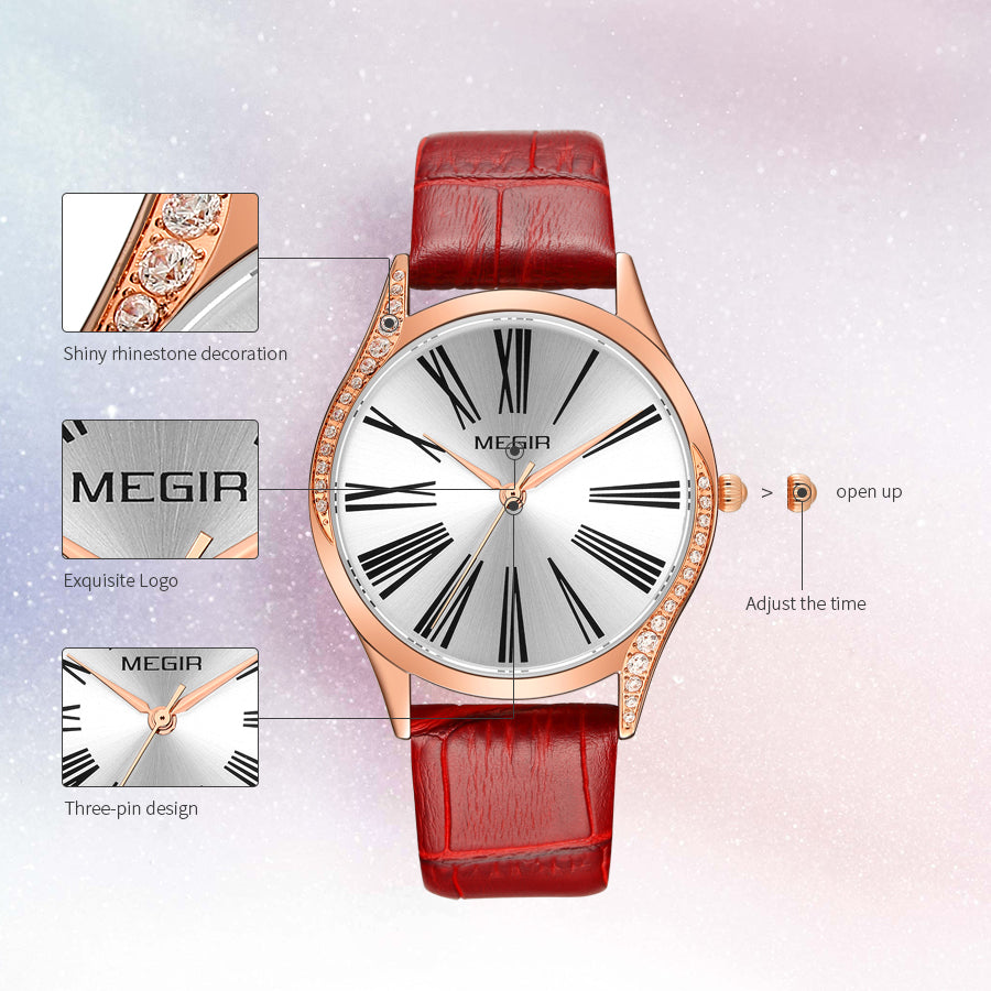 MEGIR Brand Fashion Leather Woman Bracelet Watches Ladies Quartz Wristwatch Rhinestone Waterproof Casual Wrist Watch Clock
