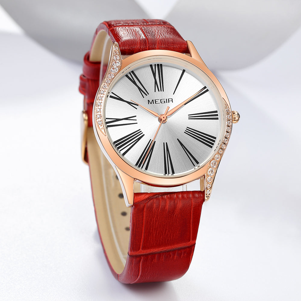 MEGIR Brand Fashion Leather Woman Bracelet Watches Ladies Quartz Wristwatch Rhinestone Waterproof Casual Wrist Watch Clock