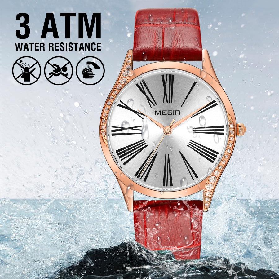 MEGIR Brand Fashion Leather Woman Bracelet Watches Ladies Quartz Wristwatch Rhinestone Waterproof Casual Wrist Watch Clock