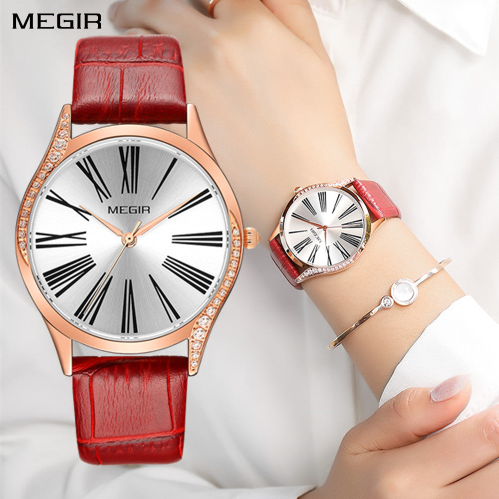 MEGIR Brand Fashion Leather Woman Bracelet Watches Ladies Quartz Wristwatch Rhinestone Waterproof Casual Wrist Watch Clock