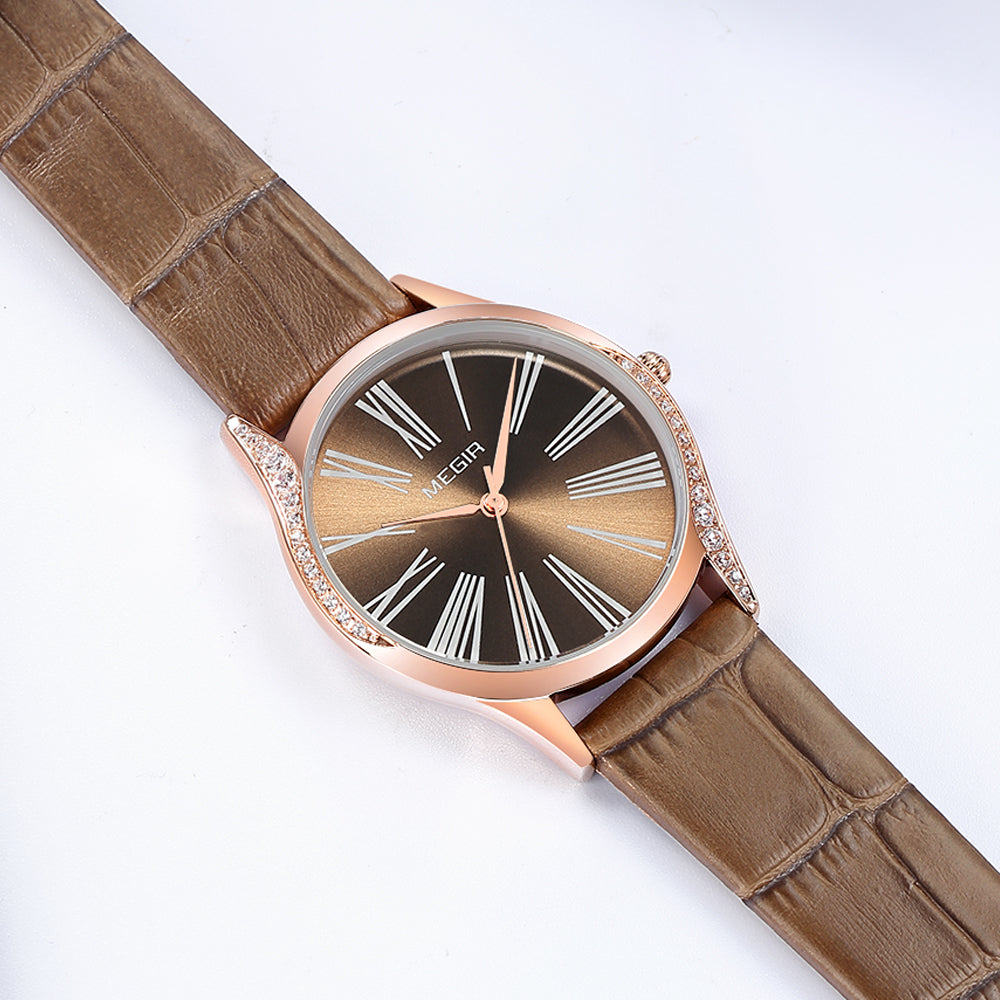 MEGIR Brand Fashion Leather Woman Bracelet Watches Ladies Quartz Wristwatch Rhinestone Waterproof Casual Wrist Watch Clock