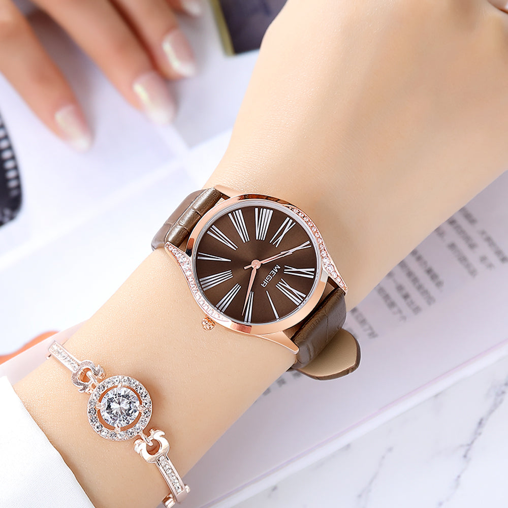 MEGIR Brand Fashion Leather Woman Bracelet Watches Ladies Quartz Wristwatch Rhinestone Waterproof Casual Wrist Watch Clock