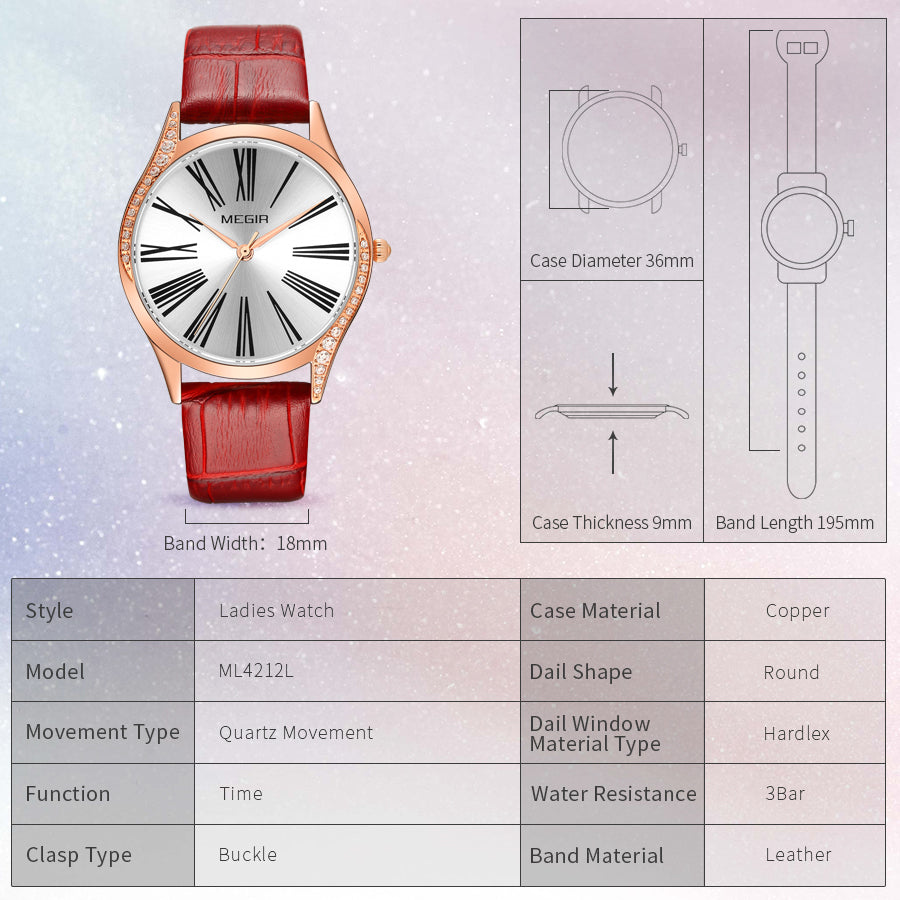 MEGIR Brand Fashion Leather Woman Bracelet Watches Ladies Quartz Wristwatch Rhinestone Waterproof Casual Wrist Watch Clock