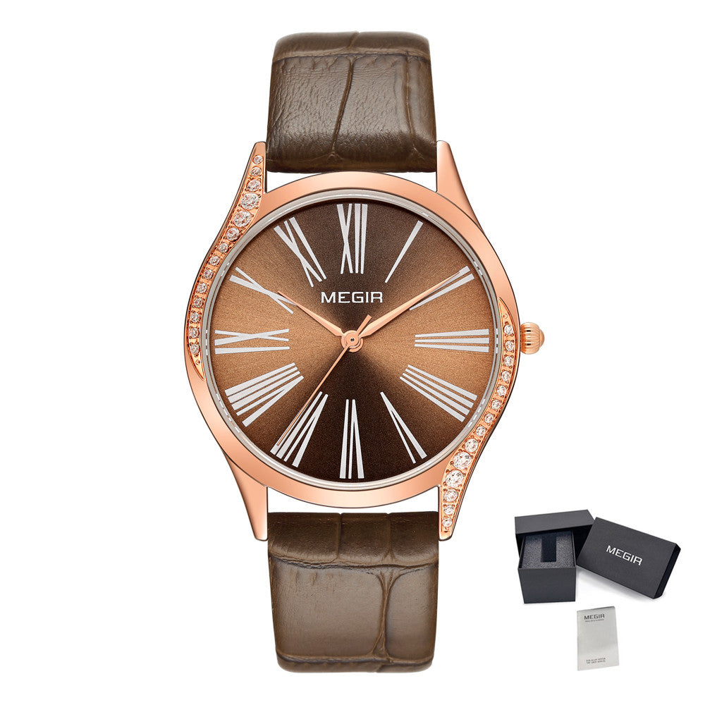 MEGIR Brand Fashion Leather Woman Bracelet Watches Ladies Quartz Wristwatch Rhinestone Waterproof Casual Wrist Watch Clock