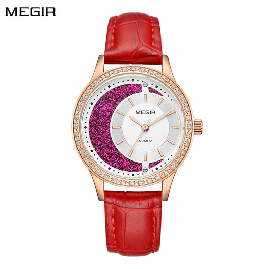 MEGIR Diamond Women Luxury Watch Elegant Ladies Quartz Wristwatch Female Bracelet Watches Waterproof Red Leather Dress Clock