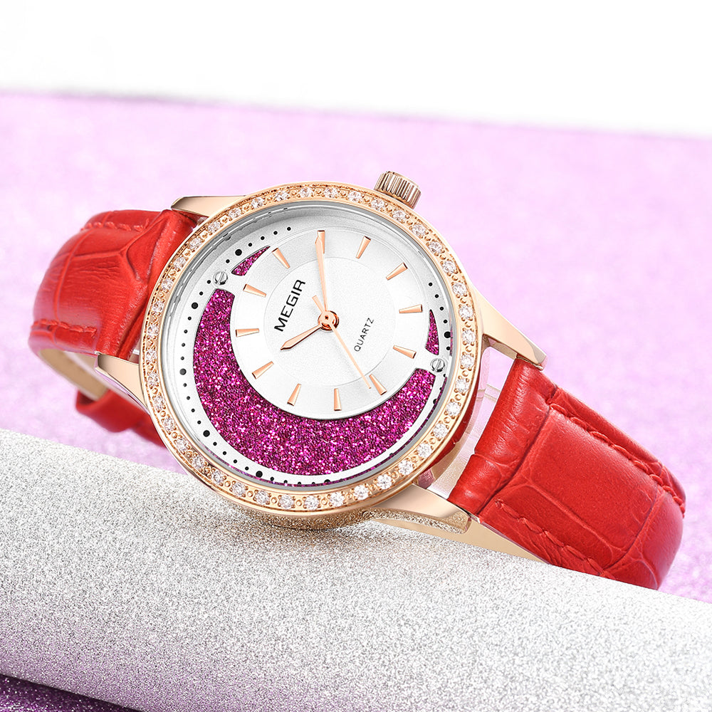 MEGIR Diamond Women Luxury Watch Elegant Ladies Quartz Wristwatch Female Bracelet Watches Waterproof Red Leather Dress Clock