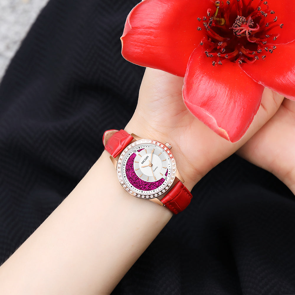 MEGIR Diamond Women Luxury Watch Elegant Ladies Quartz Wristwatch Female Bracelet Watches Waterproof Red Leather Dress Clock