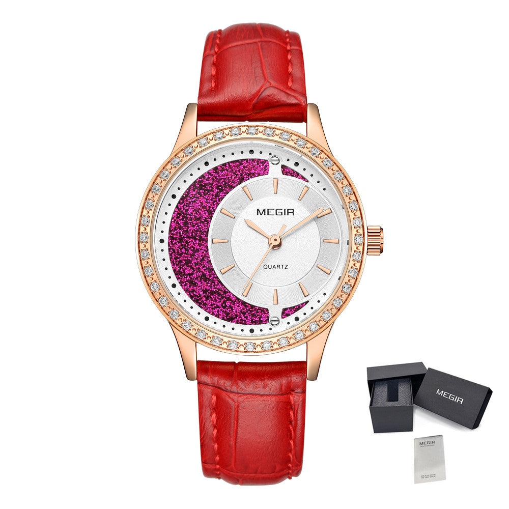 MEGIR Diamond Women Luxury Watch Elegant Ladies Quartz Wristwatch Female Bracelet Watches Waterproof Red Leather Dress Clock