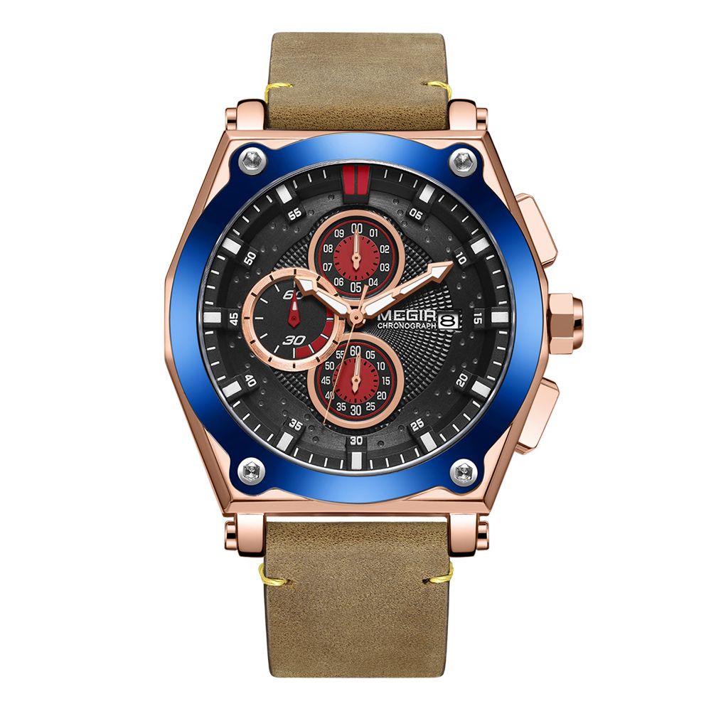 MEGIR Blue Quartz Men Watches Top Brand Leather Strap Chronograph Sport Wrist Watch Men Clock Relogio Masculino Reloj Hombre
