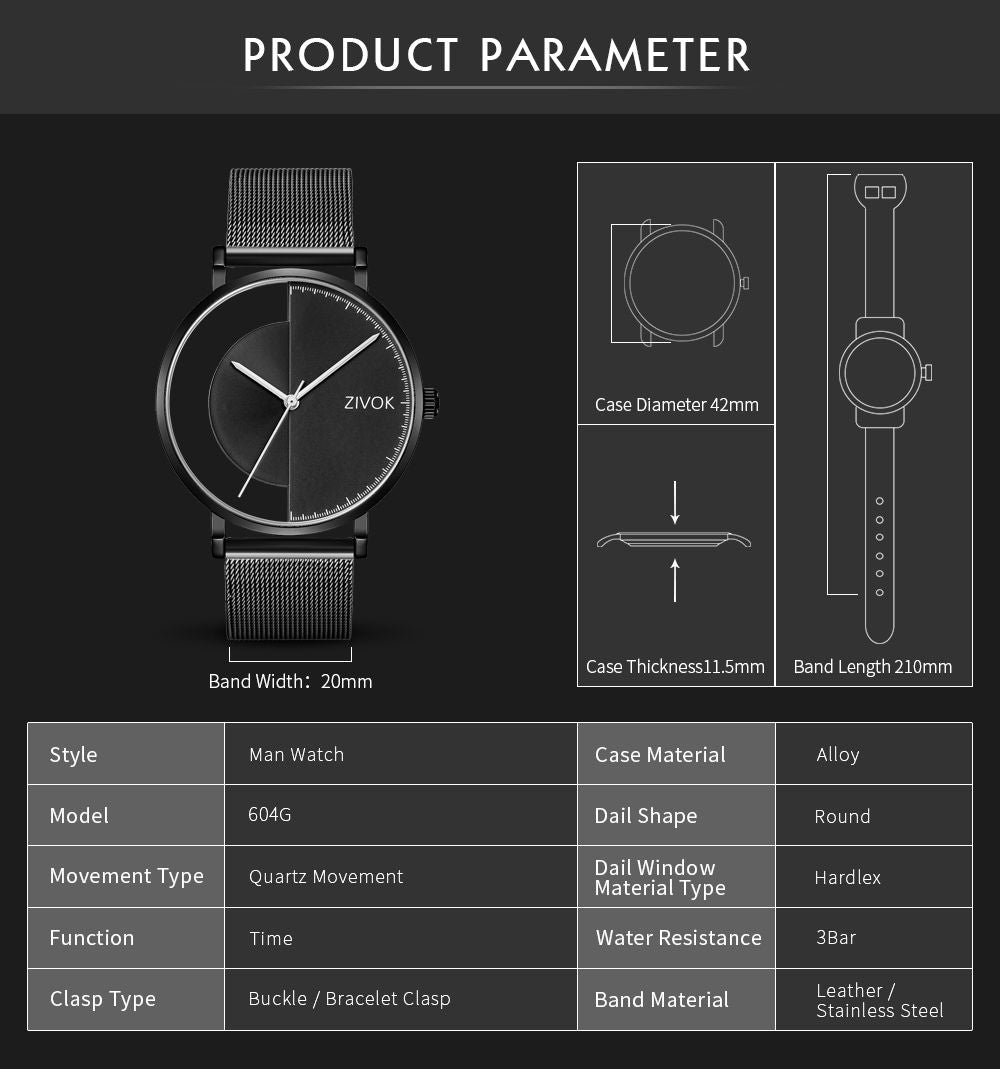 ZIVOK Luxury Quartz Men's Watch Waterproof Sport Wristwatches Big Dial Business Male Watches Clock Montre Homme