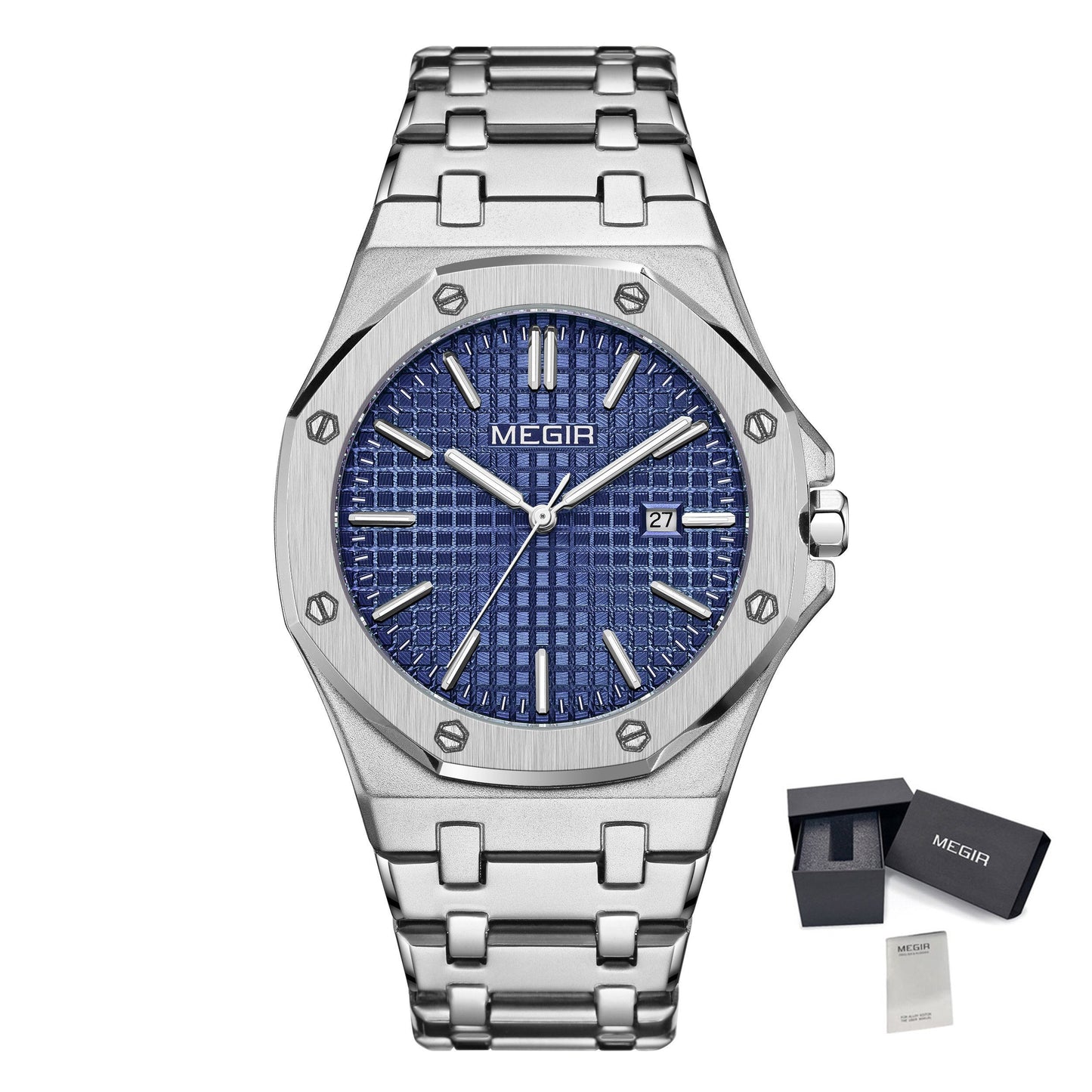 MEGIR Stainless Steel Bracelet Watch for Men Luxury Business Calendar Watches Waterproof Quartz Wristwatch Men Gift Clock 1085