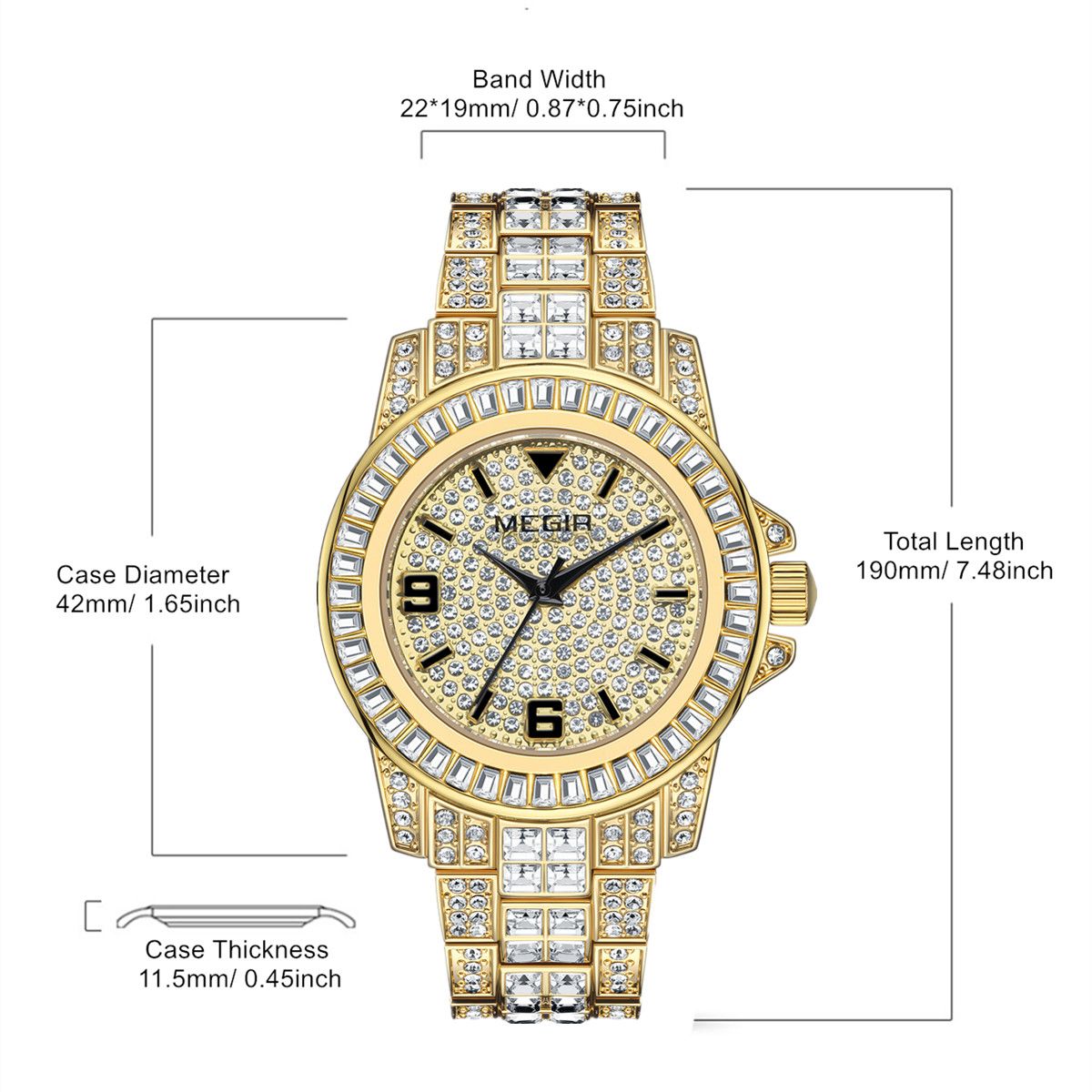 MEGIR Watch for Men Fashion Man Quartz Full Diamond Wristwatch Large Dial Business Watches Clock Gifts Montre Homme 1092