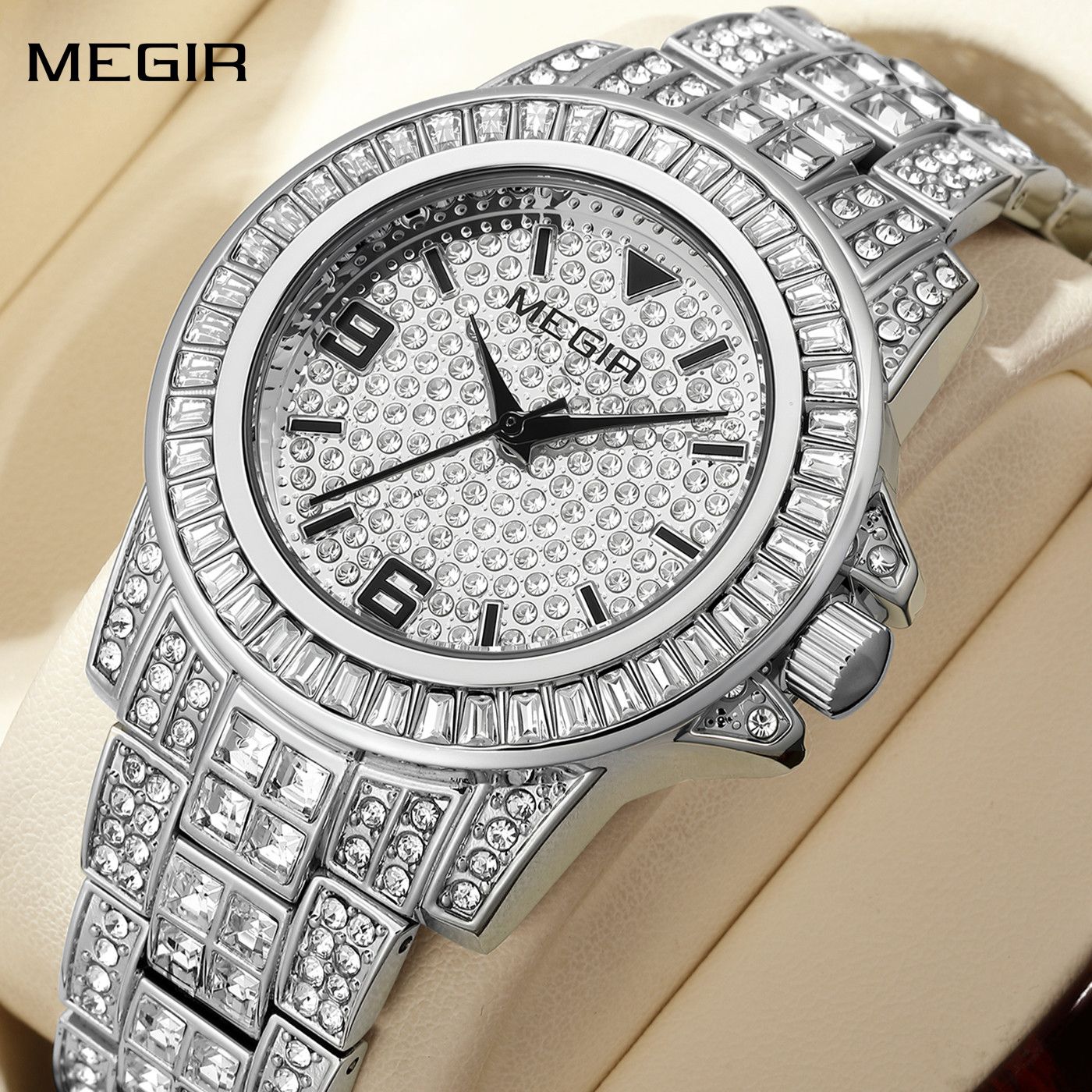 MEGIR Watch for Men Fashion Man Quartz Full Diamond Wristwatch Large Dial Business Watches Clock Gifts Montre Homme 1092