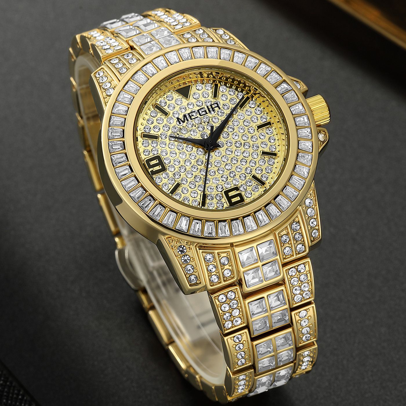 MEGIR Watch for Men Fashion Man Quartz Full Diamond Wristwatch Large Dial Business Watches Clock Gifts Montre Homme 1092